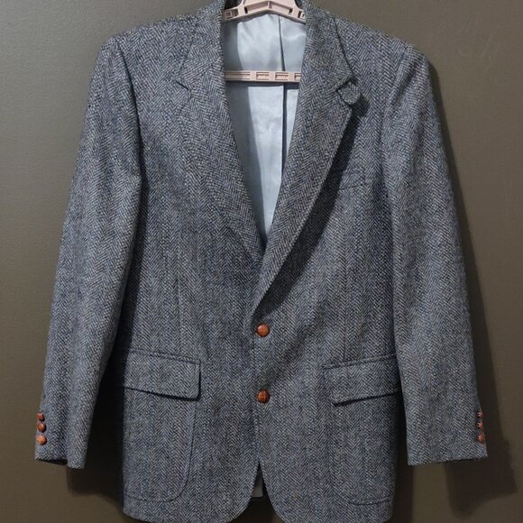 Vintage Hanover Square Wool Herringbone Tweed Throat Latch Blazer Sport Coat 41L - Picture 1 of 11
